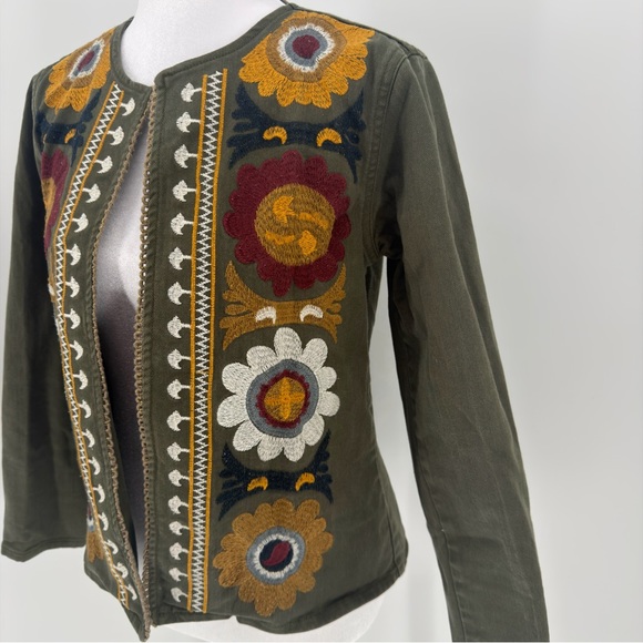 Tennis Embroidered Boho Floral Jacket S Olive Green Open Front Folk Art Festival - Picture 2 of 7